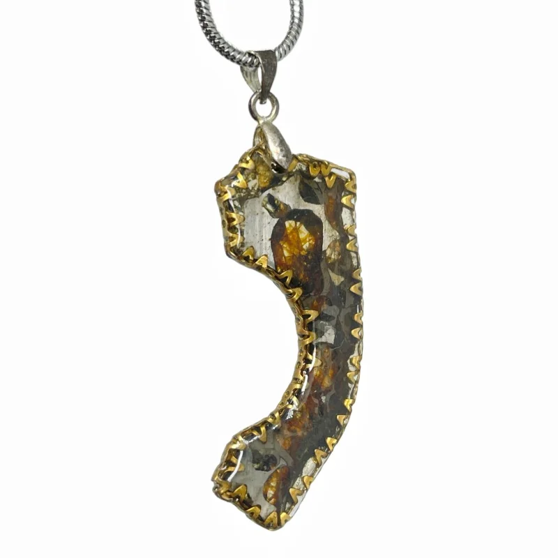 Kenya Natural Sericho Pallasite Meteorite Pendant Handcrafted Gold Decor Edge Cosmic Mineral Jewelry Necklace TB323