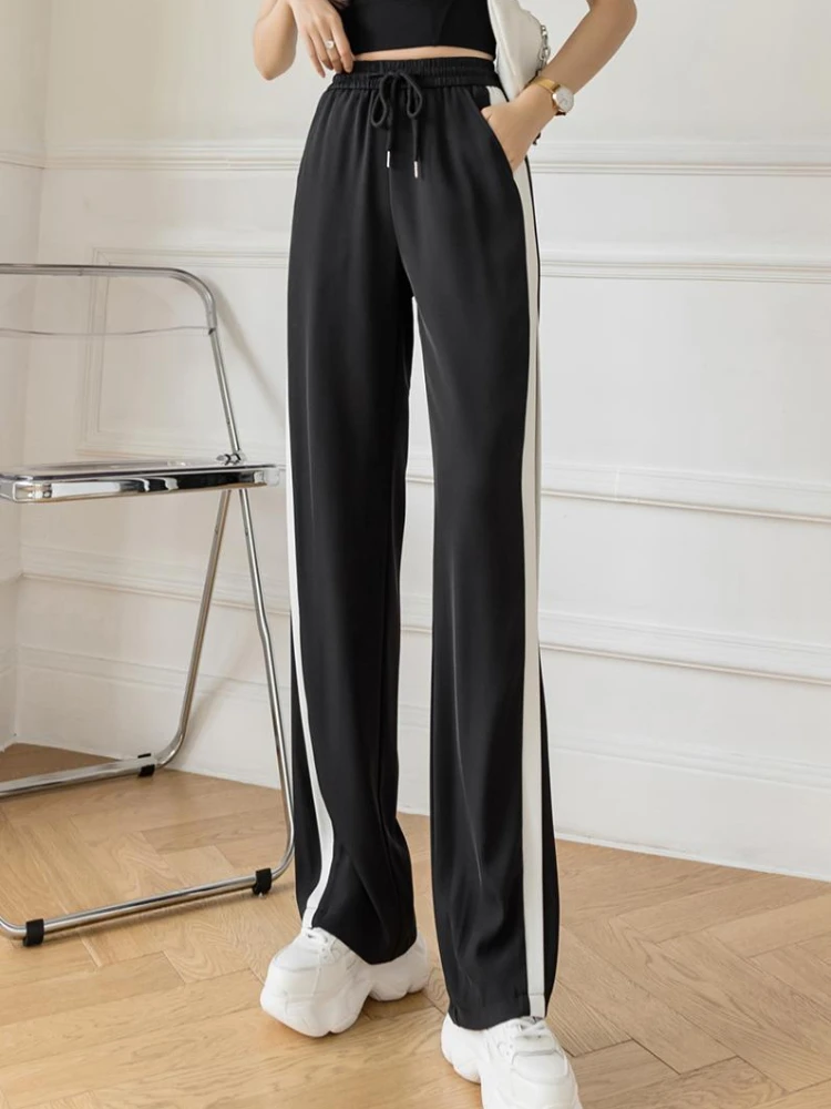 Casual Elastic High Waist Pants Women 2022 Summer Fashion Side Striped Wide-leg Pants Female Black All-match Loose Trousers