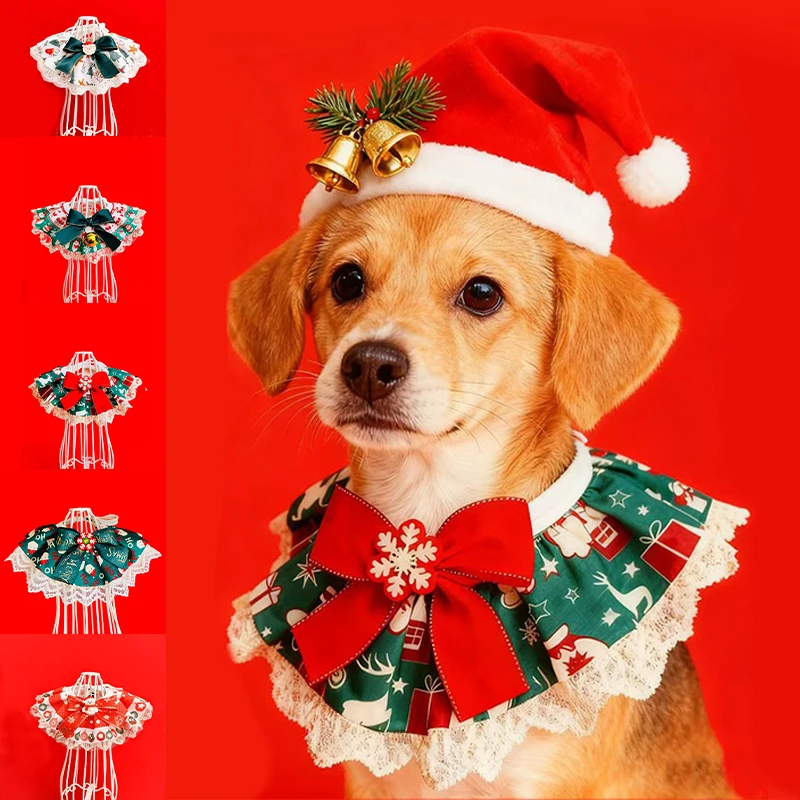 

Christmas Pet Drool Bib with Lace Bell Plaid Bow Decoration Adjustable Neckwear for Dog Cat Festive New Year Gifts Costume