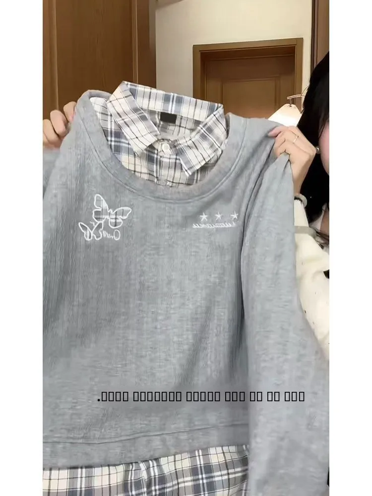 

Корейский свитшот в стиле пэчворк с эффектом двухслойности, свободный крой, с вышивкой, осенне-зимний, унисекс, с узлом на воротнике