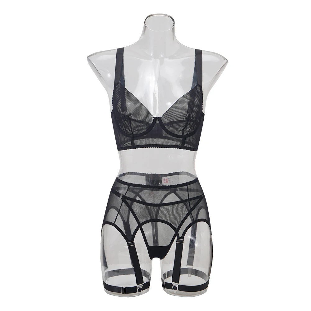 Muziskat verão nova venda rápida moda malha respirável transparente sexy roupa interior conjunto dividido