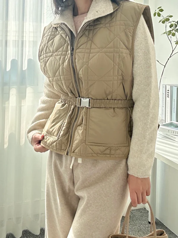 

Retro Collar Sleeveless Cotton Vest Outerwear Women's Fashion Warm Cotton Filled Jacket with Belt Autumn Winter Style