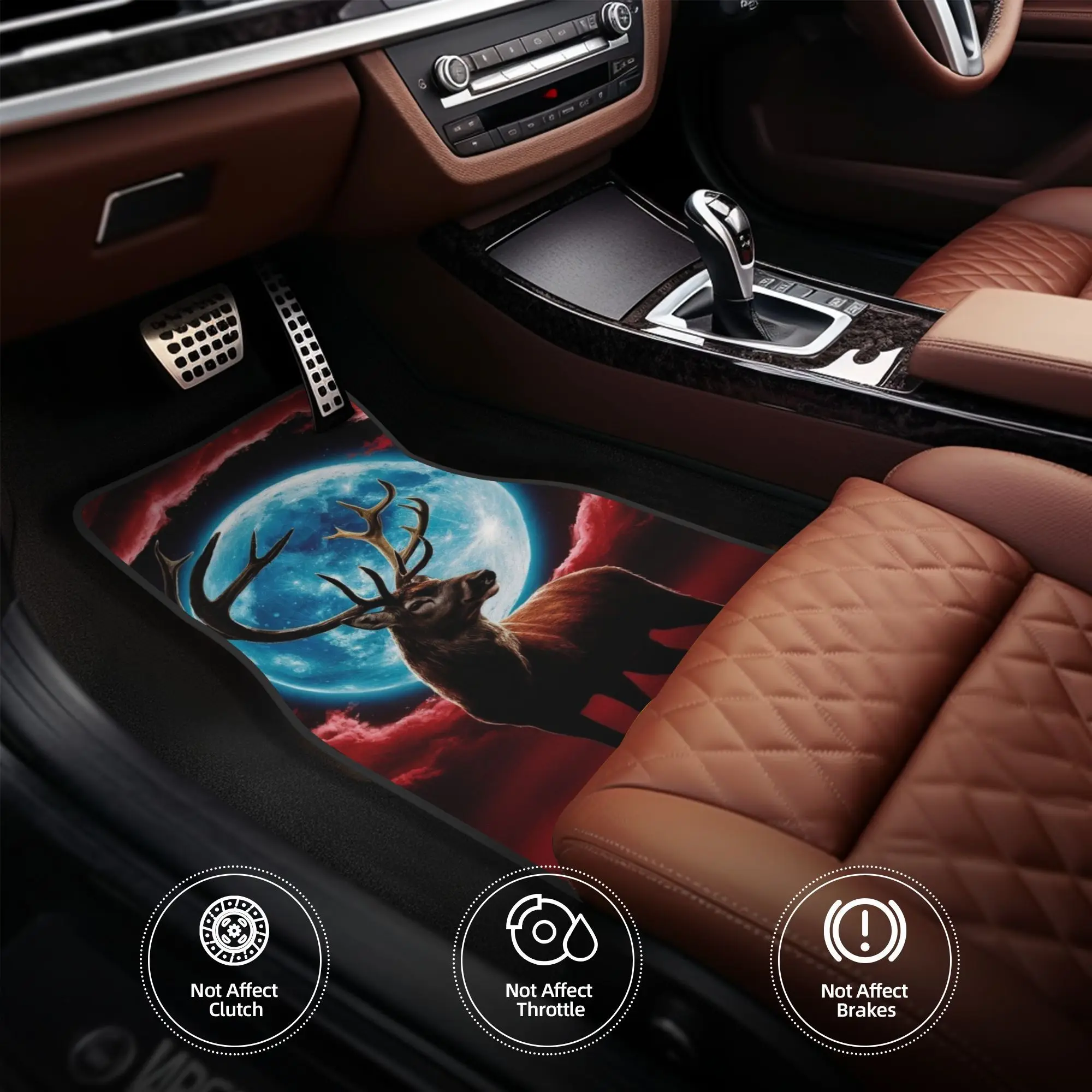 4pcs Moonlit Stag Pattern Car Floor Mats | Polyester, Universal Fit, Enhances Cabin Comfort And Peace Of Mind