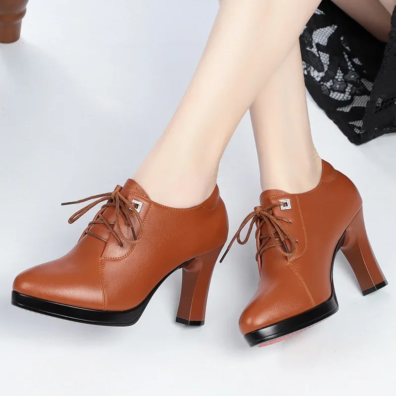 6.5cm 8.5cm British Style Block High Heels Shoes 2024 Fall Deep Mouth Soft Leather Oxfords Women\'s Platform Pumps Office Mom