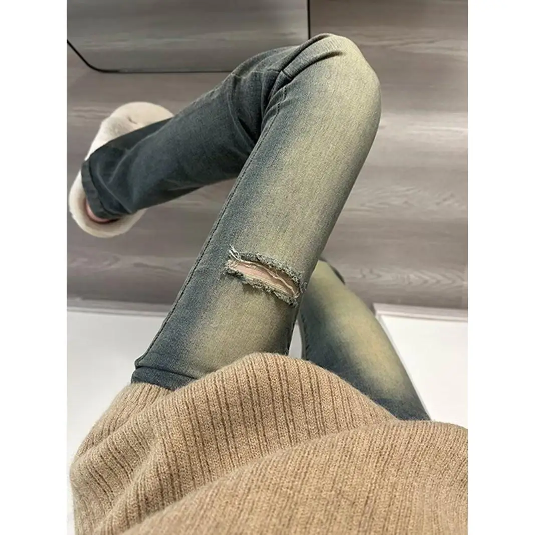 

Retro Blue Hole Micro Flared Denim Jeans Women's High Waist Slim Fit Hoof Long Pants Casual Straight Leg Trousers