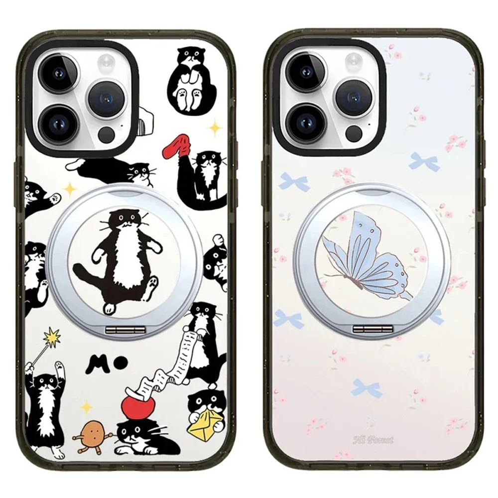 

Cartoon Butterfly Black Cat Rotating Stand Black Border iPhone 14 15 16 Pro Max Case - Protective iPhone Case