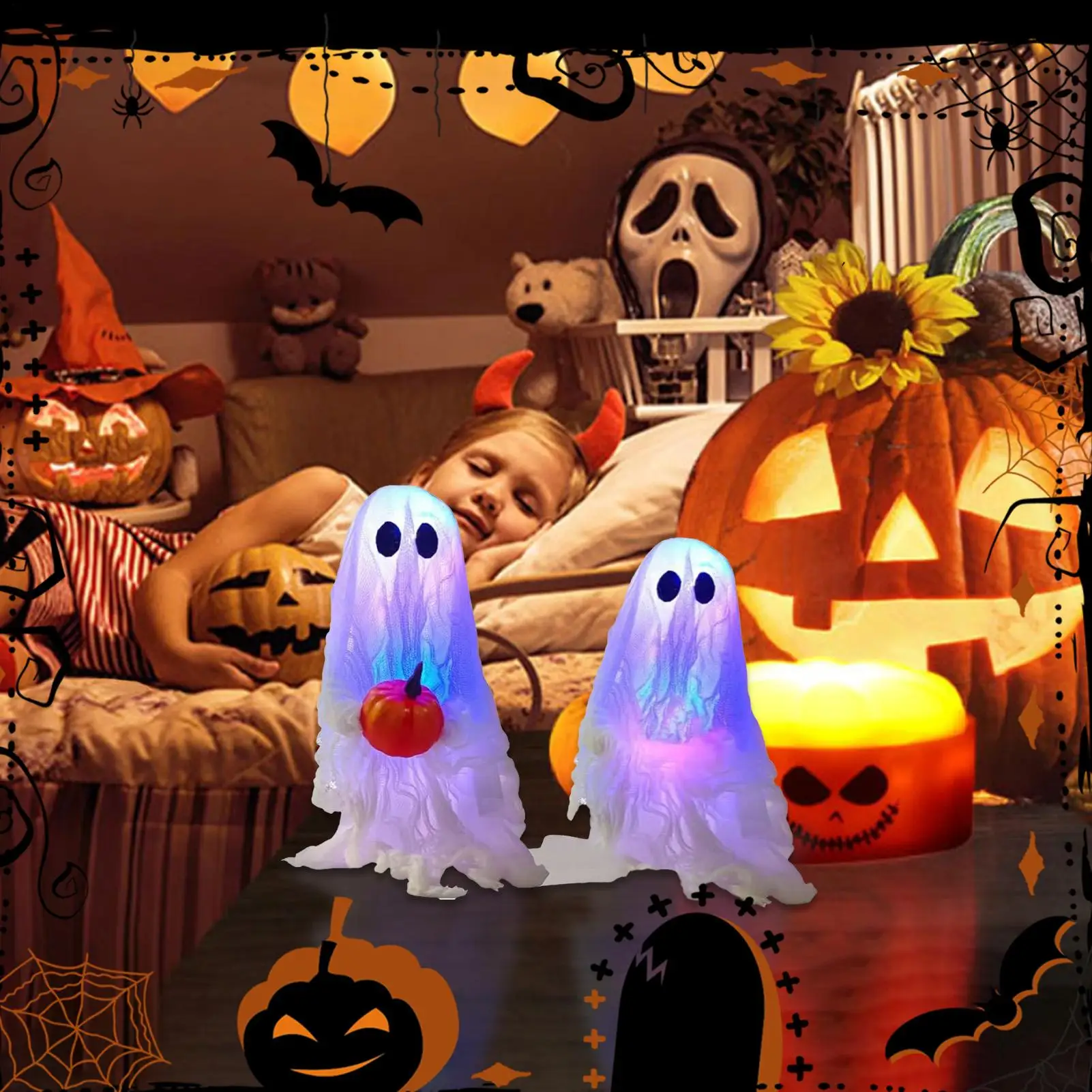 

Декор-призрак, жуткий милый декор на Хэллоуин, 2 шт., украшения с подсветкой, готическая праздничная скульптура для вечеринки, магазина, окна на открытом воздухе