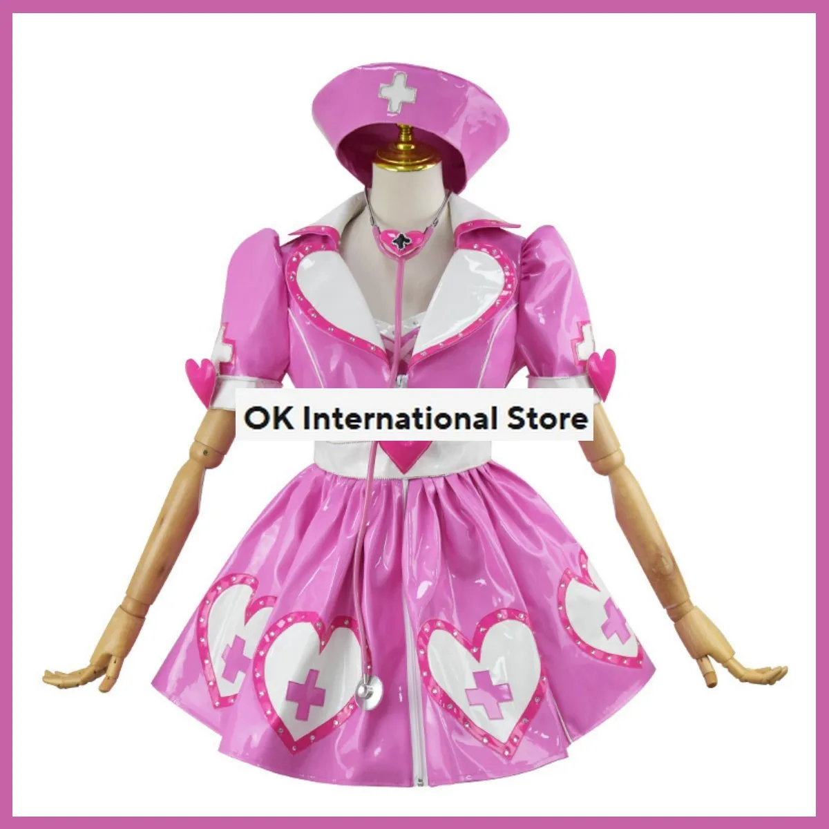 Rosa PU enfermeira uniforme para mulheres, traje sexy, estetoscópio e adereços, carnaval kawaii, festa de Halloween, lindo vestido