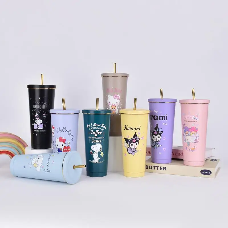 

750Ml Kawaii Sanrio Straw Cup Anime Cute Hello Kitty Kuromi My Melody Cartoon Portable High-Capacity Water Cup Gifts for Girls