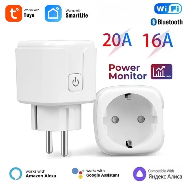 Tuya Smart Home Socket WiFi 20A EU Plug Outlet Remote Control Timer Power Monitor Support Voice Google Home Alexa
