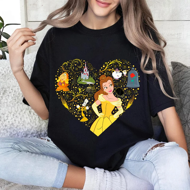 

Disney Princess Belle Collage Heart Print Women's T-Shirt Cotton Short Sleeve Casual Top Men's T-shirt Tee