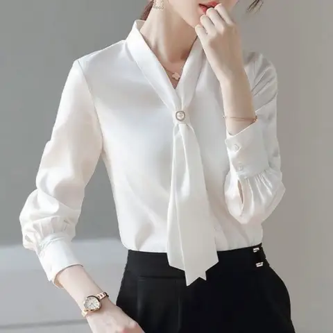 여성 봄 가을 스타일 블라우스 셔츠 레이디 캐주얼 긴 소매 보우 타이 칼라 블라우스 탑 DF4958