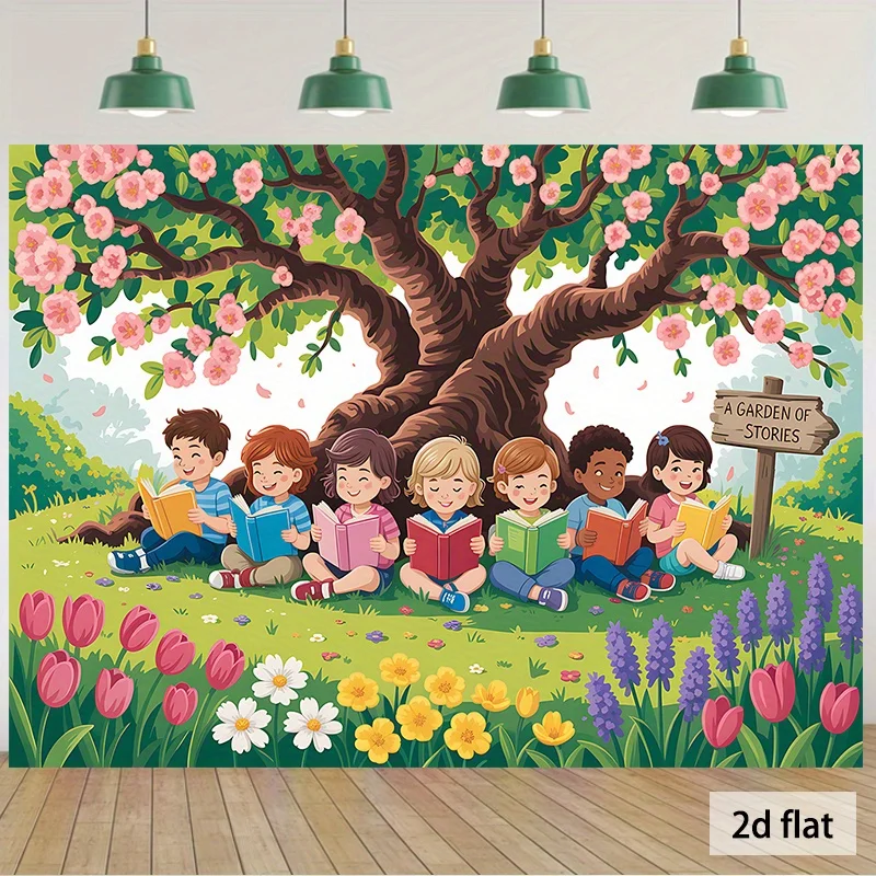 1-Klassenzimmer-Banner – Kinder lesen Bücher unter dem Blumenbaum – Heimdekoration aus Polyester-Hintergrundstoff
