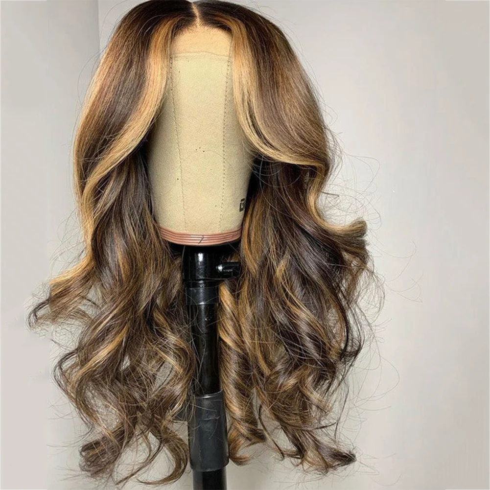 Destaques marrom solto onda do corpo cabelo sintético parte livre peruca marrom escuro morena longo ondulado natural perucas dianteiras do laço para mulher