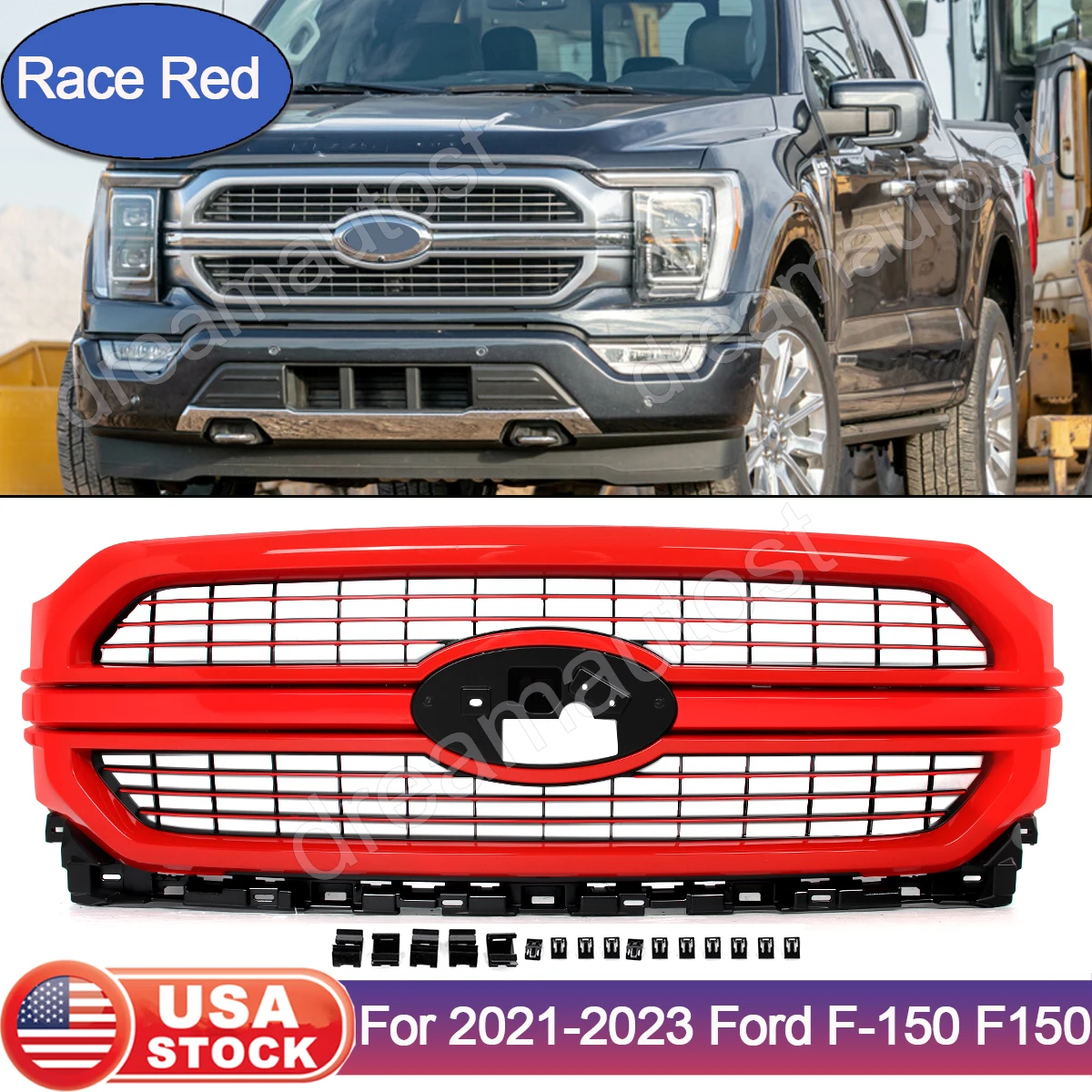 Front Bumper Grille Hood Grill For Ford 2021-2023 F-150 F150 Limited Lariat Front Upper Grille Air Intake Mesh Grills Race Red