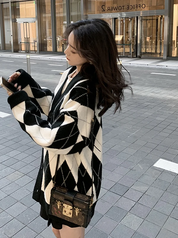 Retro Japanse Sle losse lange diamantpatroon verdikte open vest dames herfst nieuwe trui Jaet bovenkleding