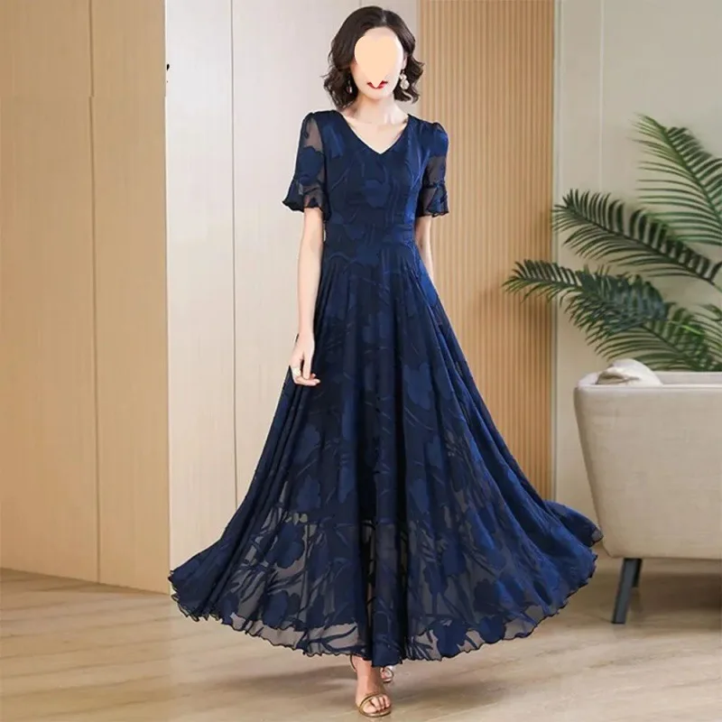 Spring Long Flying Sleeve Slim Zipper Chiffon Dress Formal Occasion Dresses For Women 2024 New Casual Clothes For Women Summer