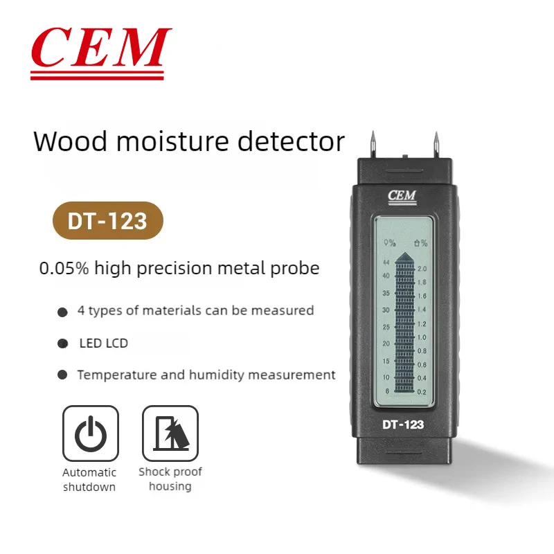 

CEM Mini Moisture Meters DT-123 Handheld Measuring Moisture of Sawn Timber Hardwood Cardboard Paper Plaster Concrete Mortar