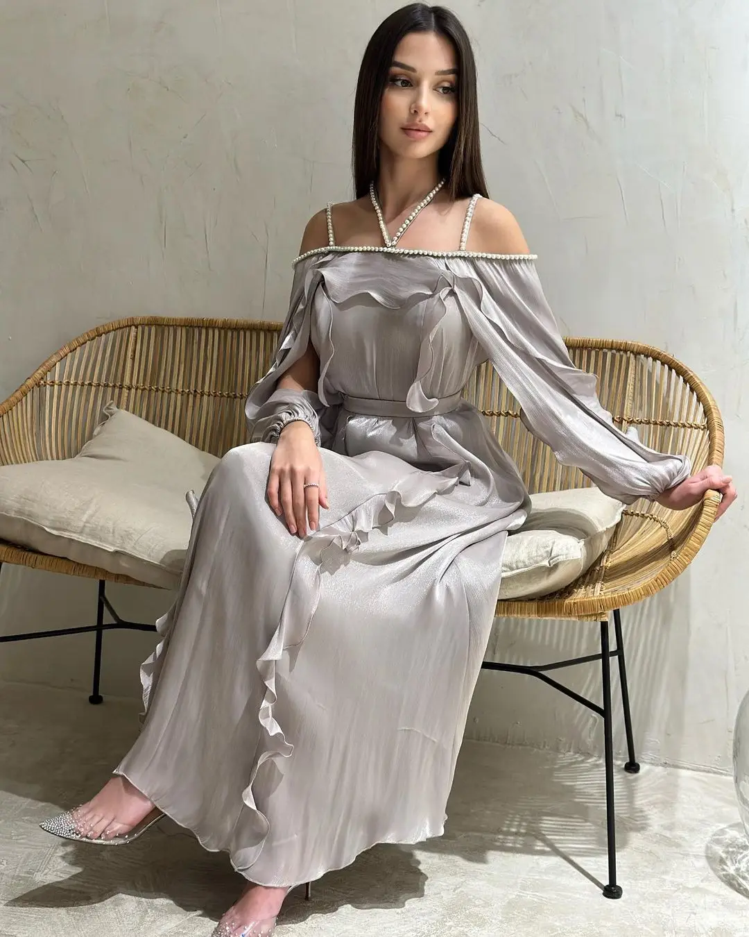 

Pearls Glossy Prom Dresses 2023 Halter Off Shoulder Ruffle Long Sleeves A-Line Belt Ankle-length Robes De Formal Dresses For Eid