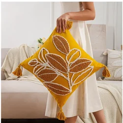 Nordic Leaf Tufted Pillow Covers Decorative The Leaves Embroidered Tassels Couch Cushion Cover Morocco Decorative Pillow Case