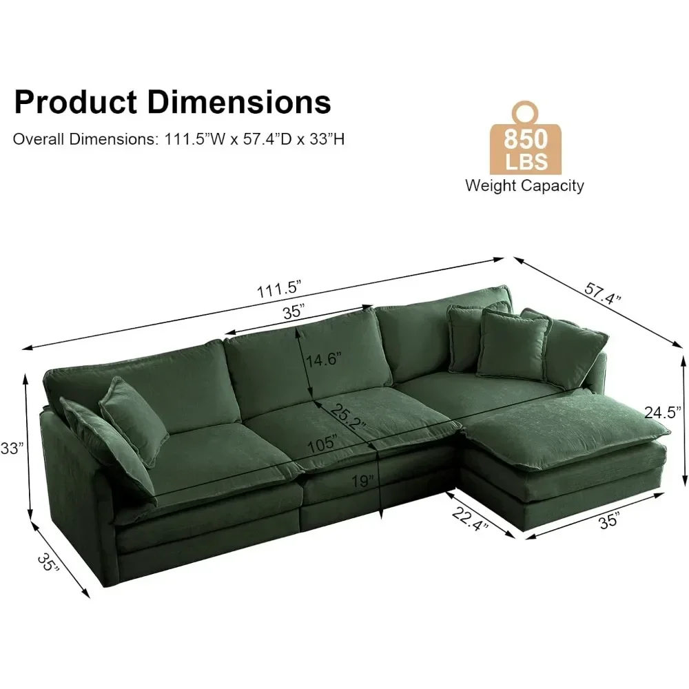 Modern 3-Seater Comfy Deep Seat Cloud Couch with Ottoman/Chaise & 5 Pillows for Living Room Office Apartment, 111.5”W, Green