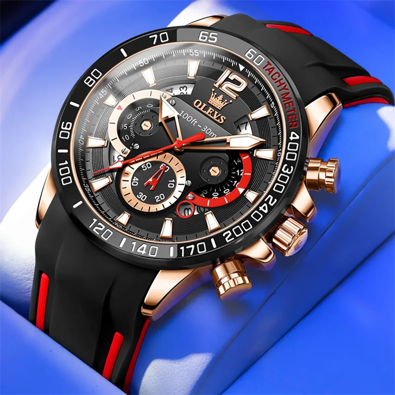 OLEVS Men's Watches Casual Business Quartz Red Rubber Band With Date Watch Luminous Hands Black Steel Case Relogio Masculino