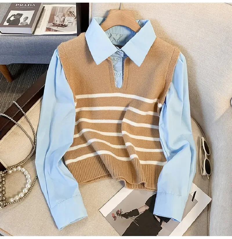 Kemeja Sweater Lengan Panjang Motif Patchwork Bergaris Gaya Korea Atasan Rajut Dua Potong Wanita Musim Gugur Musim Dingin Kasual Kerah Lipat