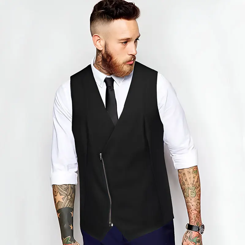 Spring Mens V Neck Solid Color Zipper Vest Fashion Diagonal Placket British Casual Vintage Gentleman Leisure Suit Vest for Party