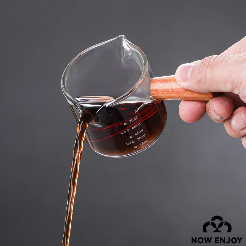 NOW ENJOY Wooden Handle Hand-brew Coffee Machine Single/double-mouth Glass Coffee Measuring Cup Precise Scale 75ML Reusable