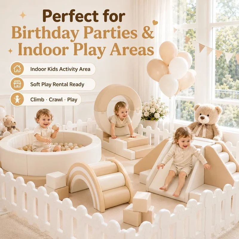 Kid Neutral Beige Soft Play Modular Set with Ball Pit Slide Climber Bounce House and Safety Fence Playground Equipment Package