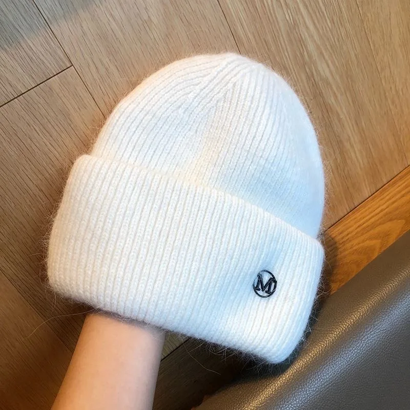 Women Hat Winter Warm Fashion Letter M Rabbit Knitted Hat Bonnet Streetwear Korean Skullies Beanies for Women Winter Hat