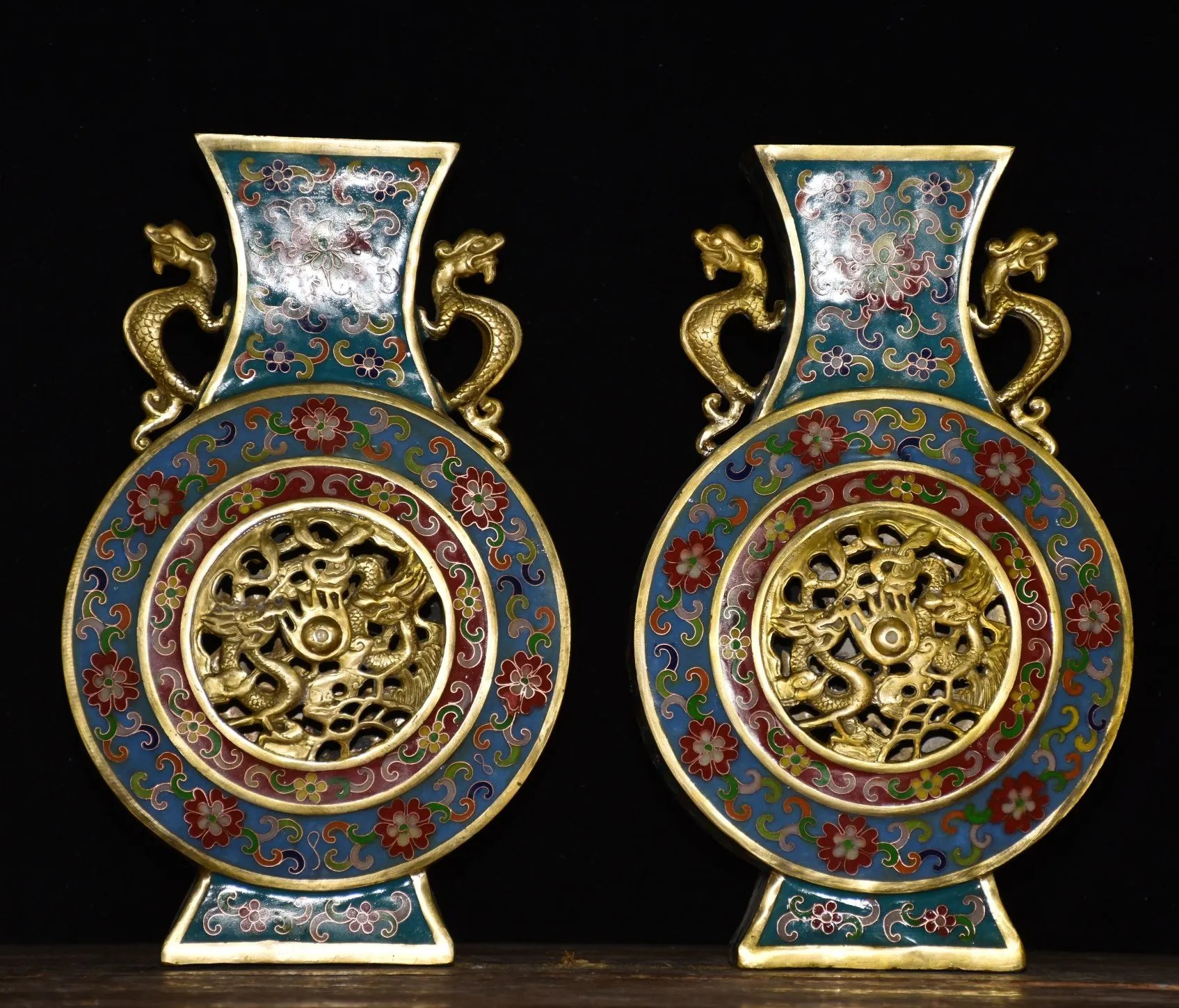 

13"Tibet Temple Collection Bronze Cloisonne Enamel Animal Hollow out Dragon pattern Dragon Ear Bottle a pair Vase Worship Hall