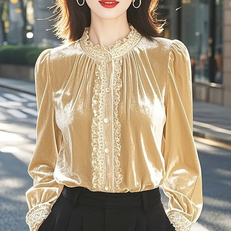 Spring Fall Women Lace Patchwork Stand Collar Beige Top Shirt , Woman French Style Elegant Tops Shirts TT1097