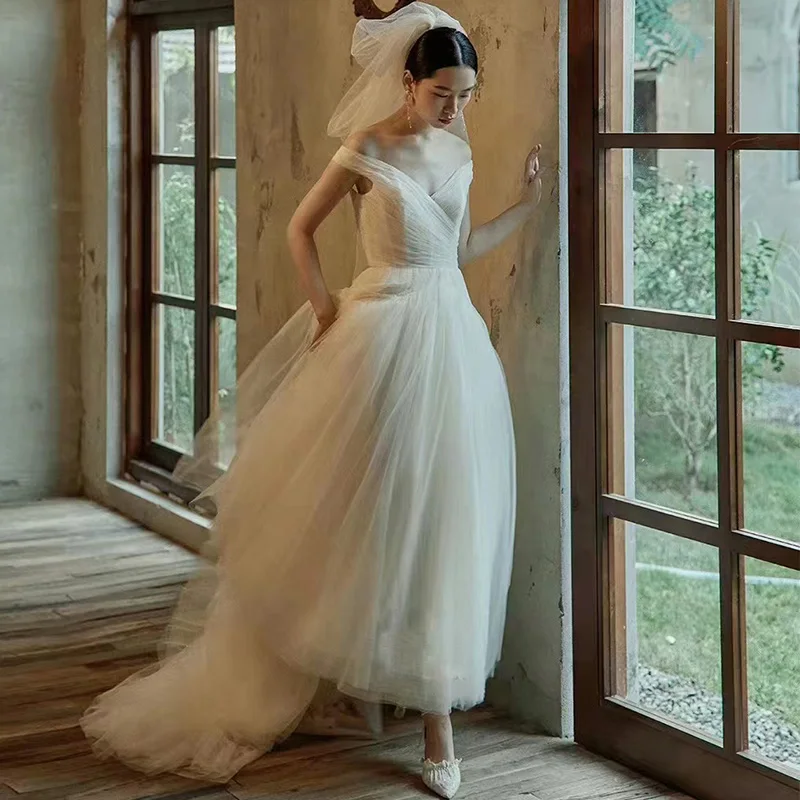 Robe de mariée Simple en Tulle à épaules dénudées, col en v, ligne a coréenne, 웨딩레레, bretelles à bretelles, fermeture éclair avec traîne, 2022