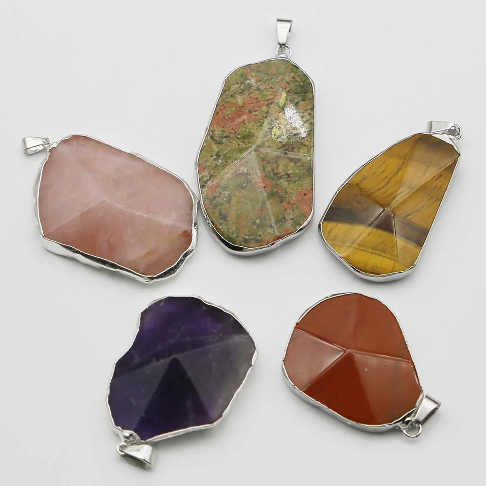 Selling Natural Stones Crystal Irregular Silver Edge Raised Cut Face Pendants Necklace Charms Jewelry Accessories Wholesale 8Pcs