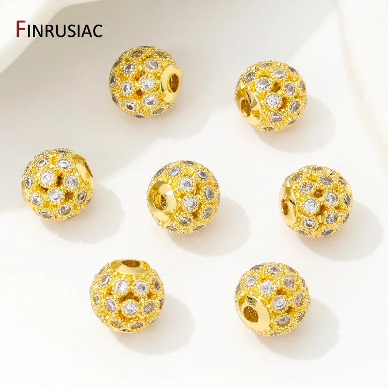 Contas redondas ocas de latão banhado a ouro 18k, contas de bola de 8mm, contas espaçadoras de zircônia embutidas para pulseiras diy, acessórios de fabricação de colar