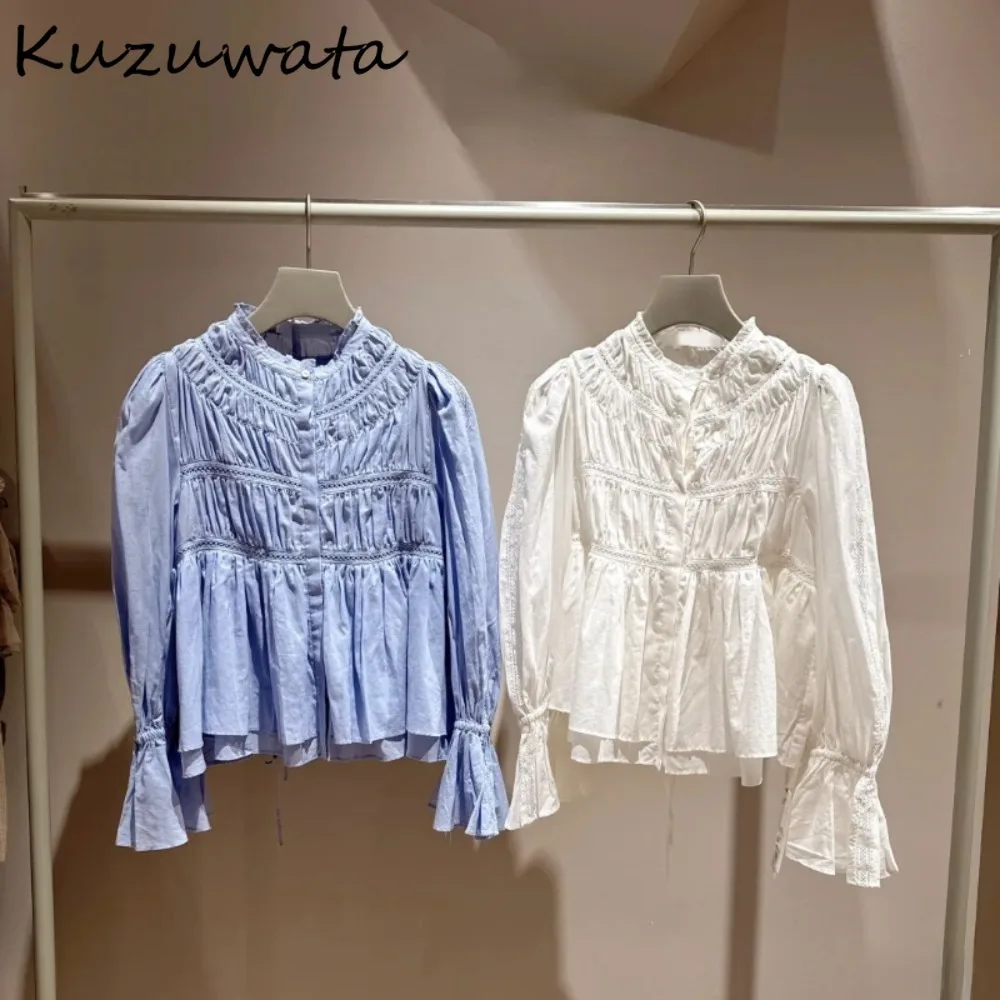 Kuzuwata Sweet Flare Sleeve Ruffled Euched Shirt Patchwork Elegant Cotton All-match Blouses Japan New Moda Hollow Out Blusas