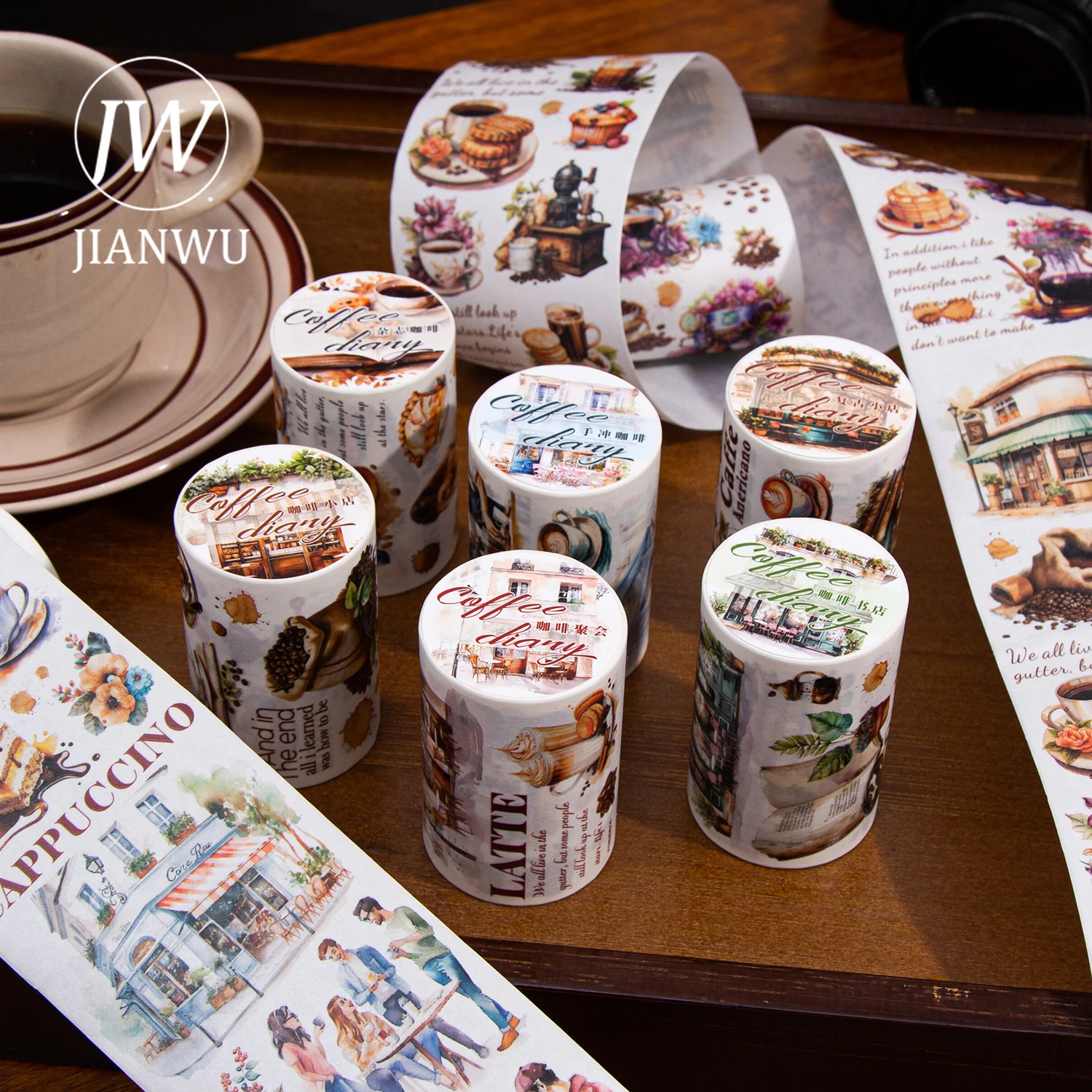 JIANWU 60mm*200cm Coffee Check-in Diary Series Vintage Flower Landscape Decor Washi Tape Creative DIY Journal Collage Stationery