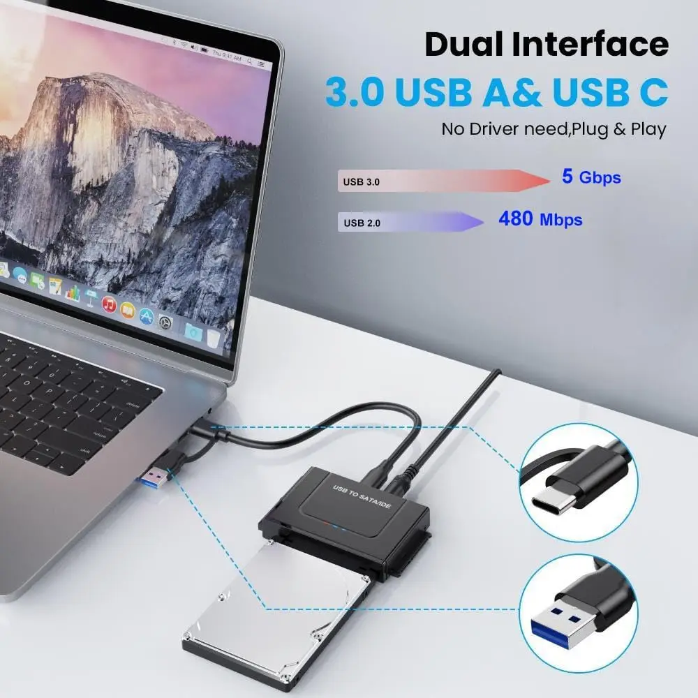 SATA/IDE to USB 3.0 Adapter Hard Drive Adapter Converter for Universal 2.5/3.5 Inch IDE SATA HDD SSD with 12V 2A Power Adapter