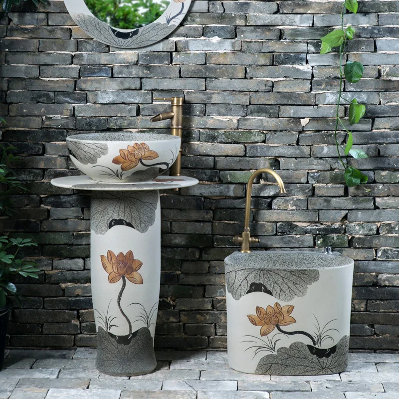

Floor-to-ceiling retro column wash basin integrated, wash basin balcony pillar basin, bathroom garden outdoor, washbasin