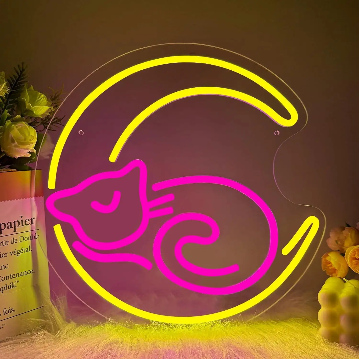 Moon Cat Neon Sign Dimmable USB LED Light for Bedroom Game Room Girls Room Wall Decor Anime Kawaii Art Sign Gifts for Kids