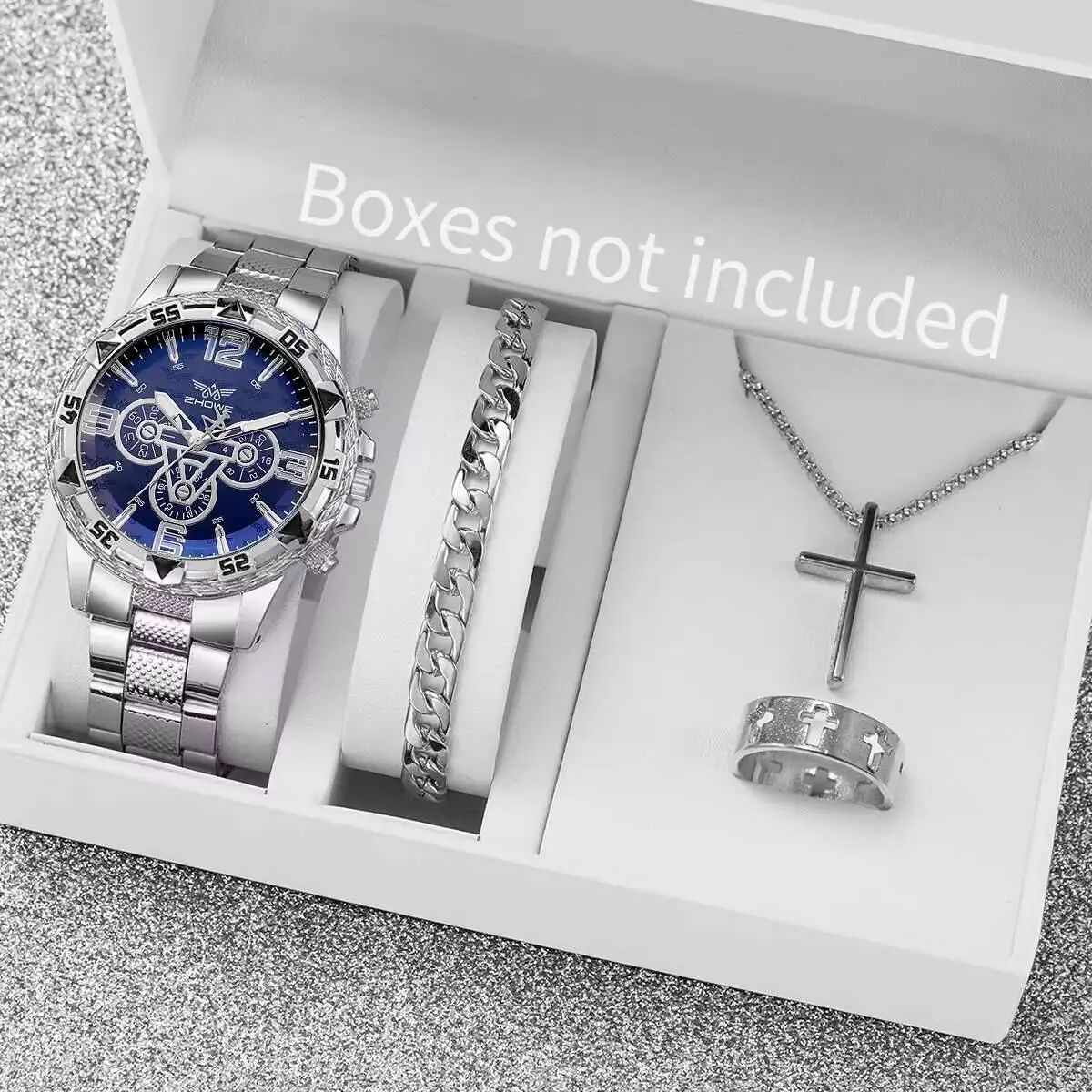 4PCS Fashion Business Men Watches Large Dial Male's Analog Quartz Watch Clock Jewelry Set Reloj Hombre（Without Box）