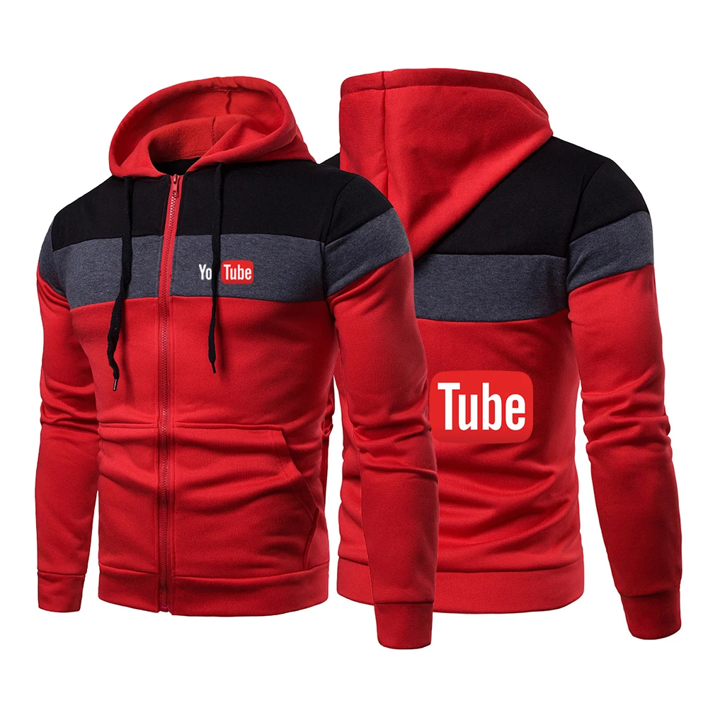 YouTube 2023 Men's New Printing Three-Color Stitching Hoodies Fashion Hooded Outdoors Casual Clothes Harajuku Zipper Coats Tops