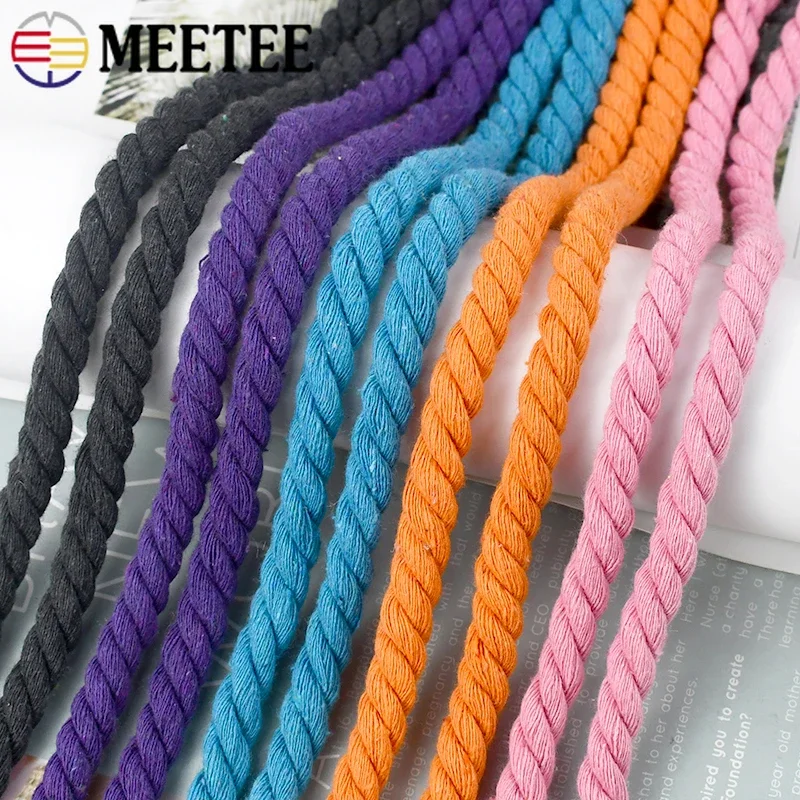 Meetee 5/10M 8mm Cotton Rope 3 Shares Twisted Cords Bag Drawstring Belt DIY Lanyard Thread Cord Home Textile Craft Decoration