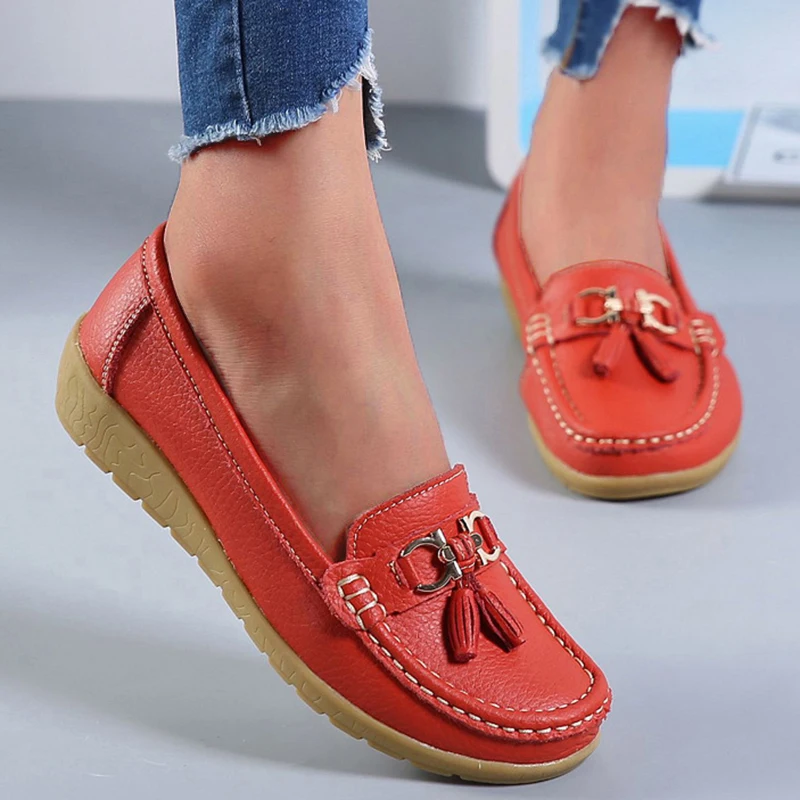 Fashion Wedge Genuine Leather Women Flats Soft Ballet Flats Tassel Women Casual Shoes Slip On Footwear Ladies Shoes Plus Size