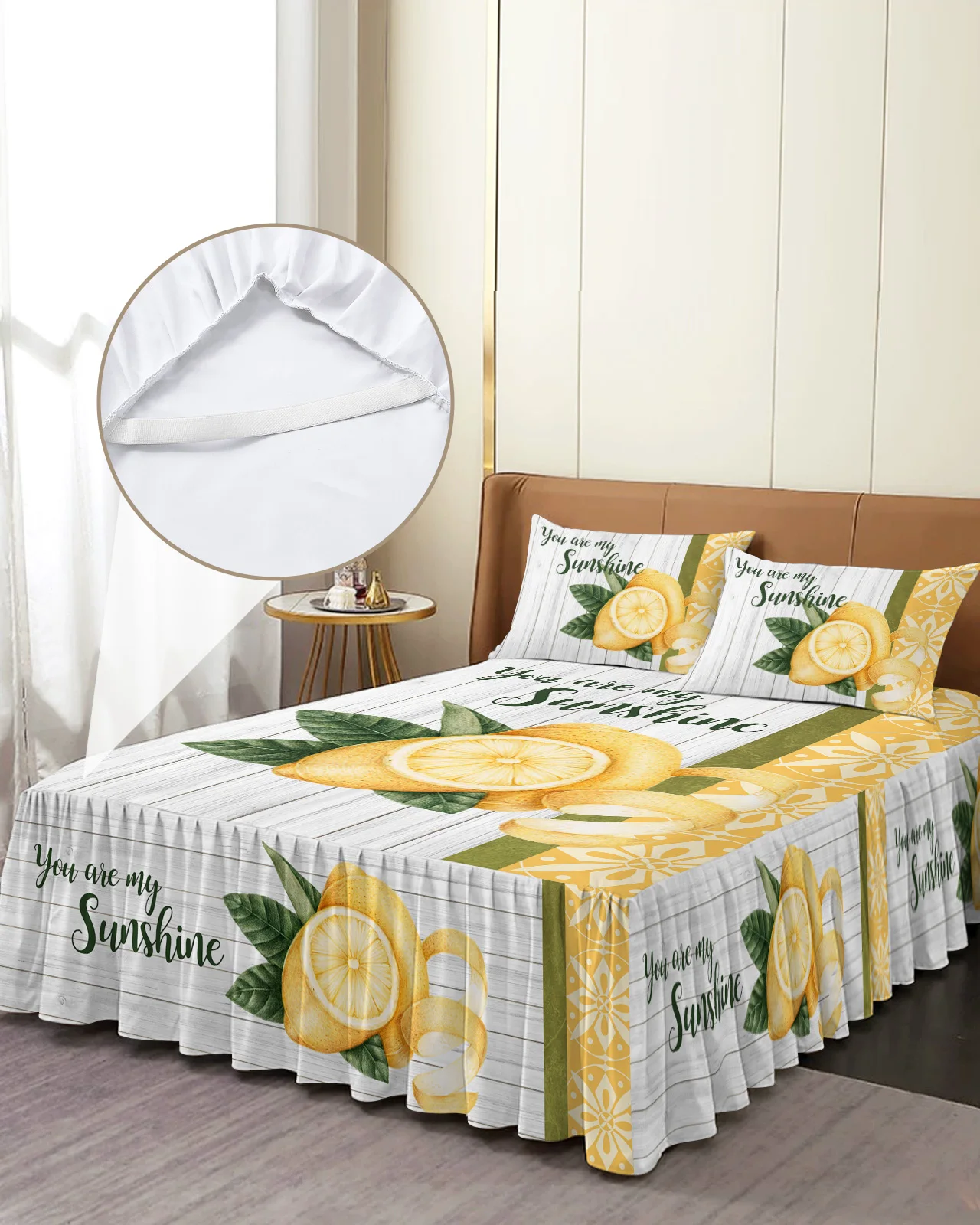 Summer Fruit Lemon Retro Moroccan Bed Skirt Elastic Fitted Bedspread With Pillowcases Mattress Cover Bedding Set Bed Sheet