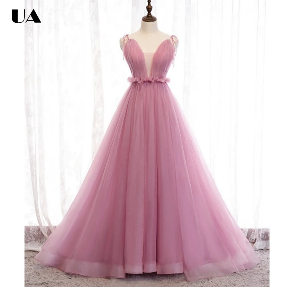 

ULBYANRY Customized Mesh Spaghetti Strap Ruffled Evening Dress, for Woman Elegant A-line Party Dress, Trendy Backless Ball Gown