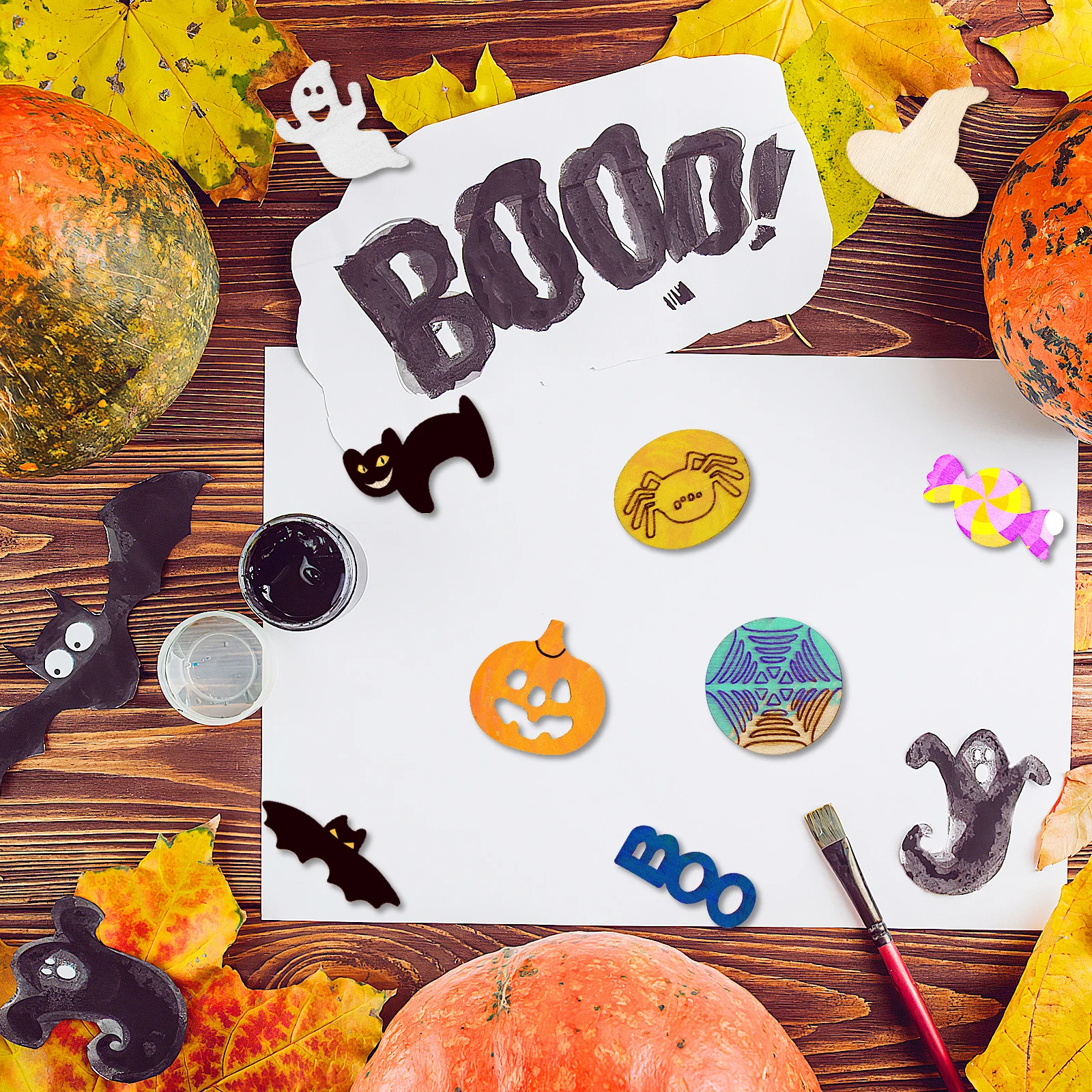 

72Pcs Durable Halloween Wooden Crafts Assorted Patterns DIY Art Project for Children and Adults Halloween Wooden Chips