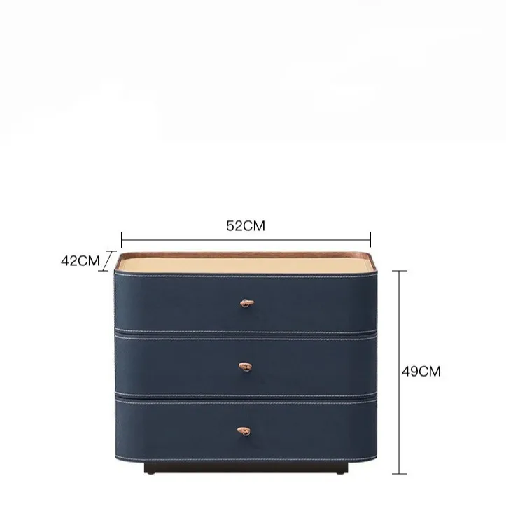 طاولة بجانب السرير من الخشب الصلب الإيطالي البسيط، وخزانة حافة من الجلد، وخزانة صدر بثلاثة أدراج لغرفة النوم، باللون الأزرق الملكي الراقية