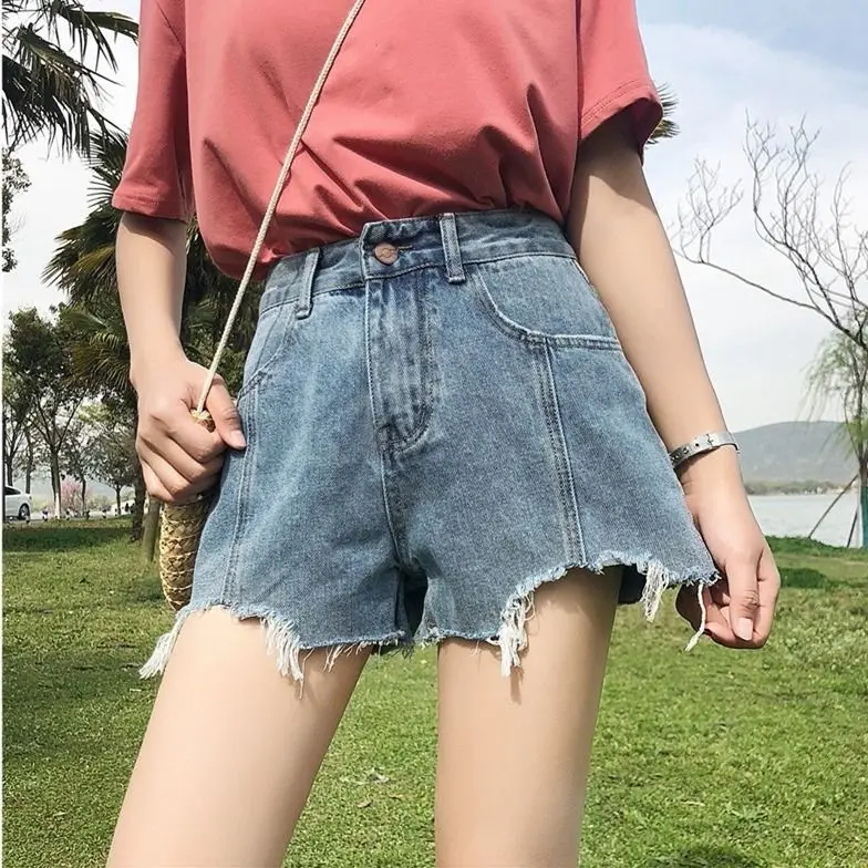 Jeans Shorts Women's Summer New Korean Version of High Waist Slim Loose Joker Hole Wide Leg Hot Pants Tide High Waist Jeans